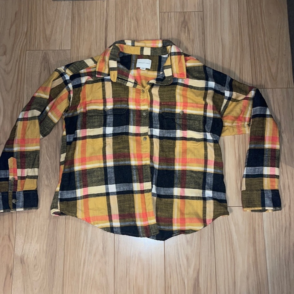 American Eagle Gold & Orange Plaid Button Up TBD M